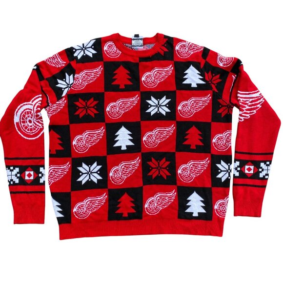 NHL Detroit Red WIngs Block Patches Ugly Sweater Rink Festive Hockey Fandom-2XL - Picture 1 of 13